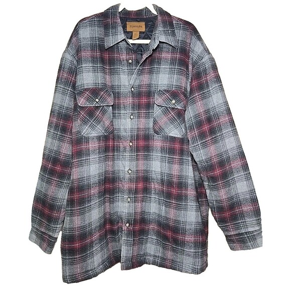 St Johns Bay Mens 2XLT Quilted Flannel Shirt Jacket Plaid Gray Red Vintage Macau - Picture 5 of 8